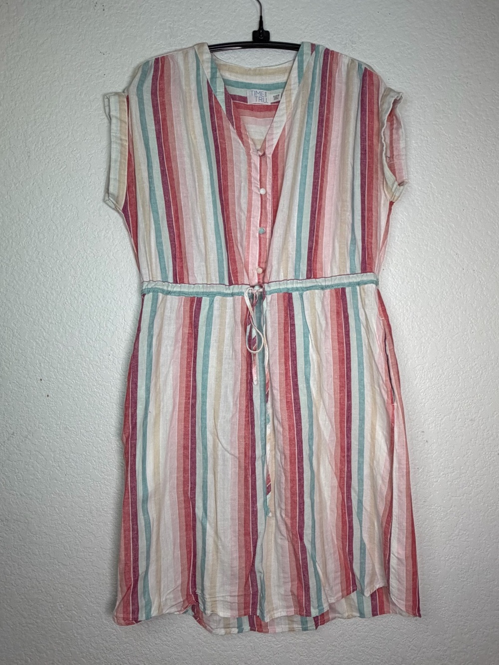 Time and Tru Pink Linen Blend Multi-Stripe Midi Dress, Size S